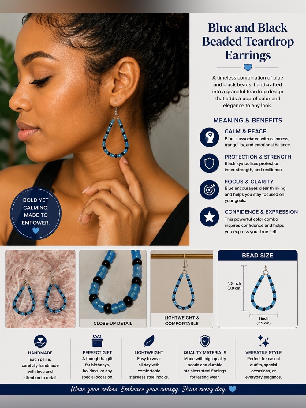 Blue and Black Beaded Teardrop Earrings